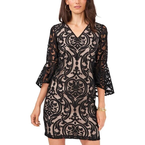 MSK Bell Sleeve Lace Overlay Cocktail Mini Dress Black Nude Sz 10 Party Elegant - Picture 3 of 13